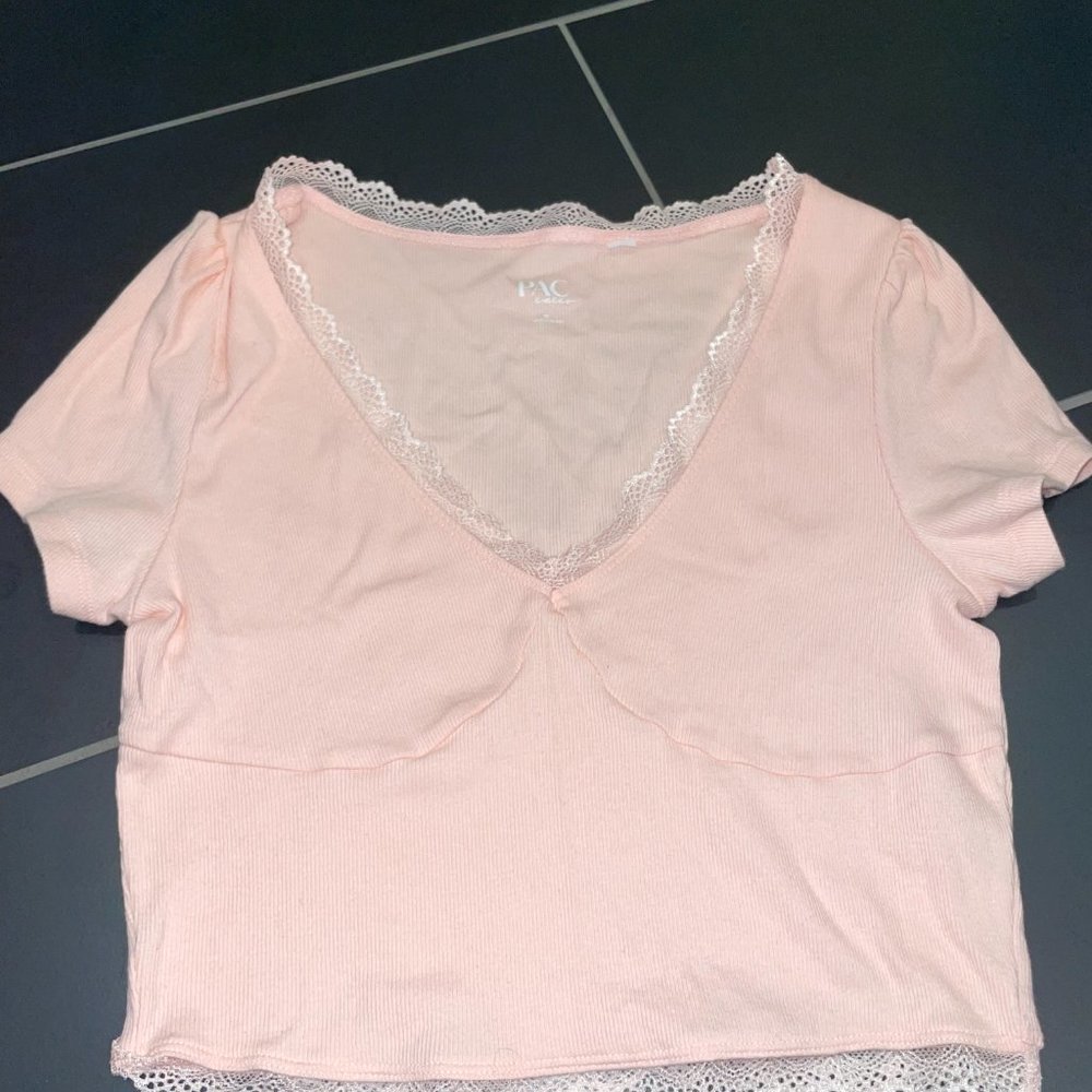 Pacsun Pink Lace Trim Bustier Puff Sleeve Crop Top Size M